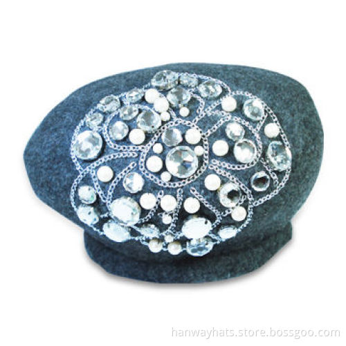 Women's Wool Knitted Beret Hat with Chain Flower, Fashionable for Winter